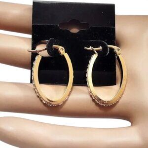 1 Inch 26mm Crystal Oval Hoop Pierced Post Earrings Gold Tone